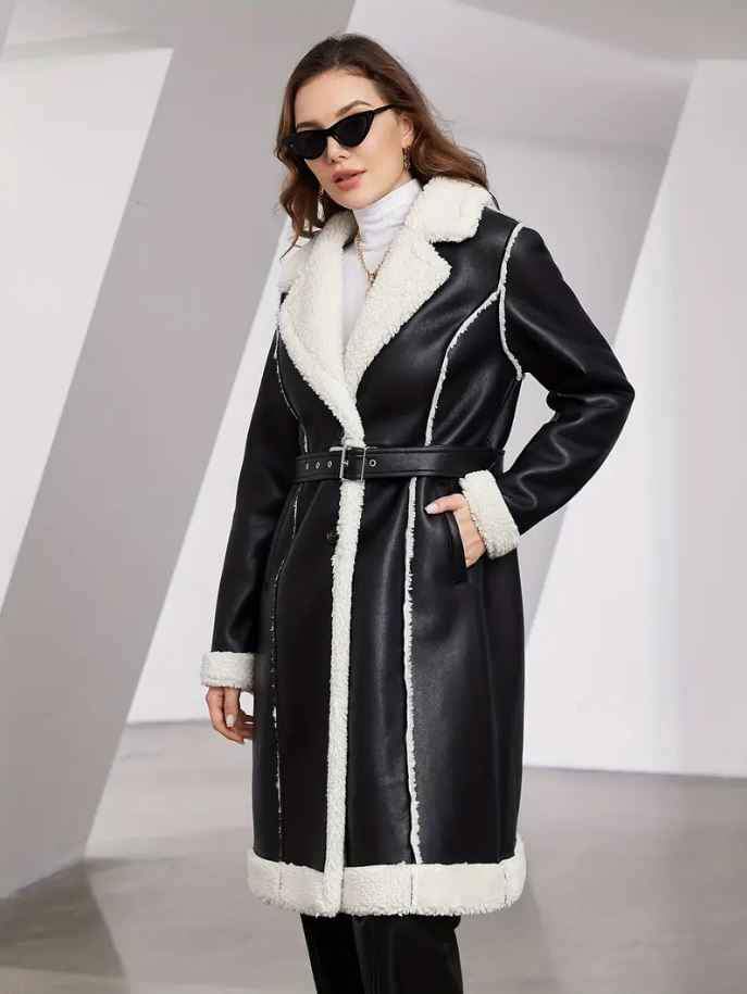 Abrigo negro largo de cuero elegante para mujer talla M - Imagen 3