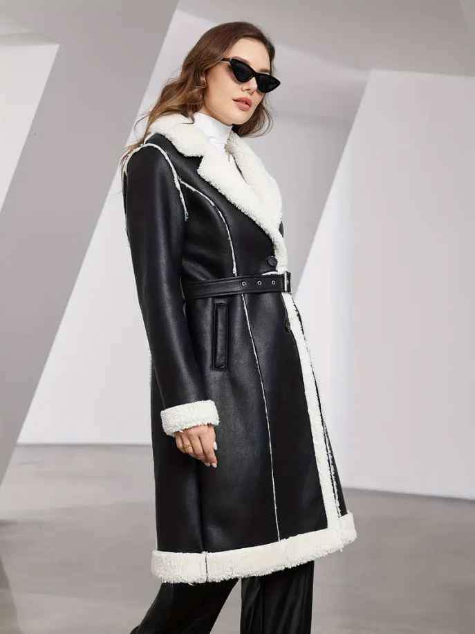 Abrigo negro largo de cuero elegante para mujer talla M - Imagen 4